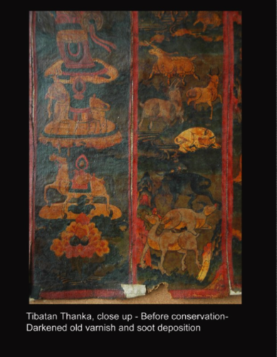 Tibetan Thanka, close up - Before conservation- Darkened old varnish and soot deposition Tibetan Thanka, close up - Before conservation- Darkened old varnish and soot deposition